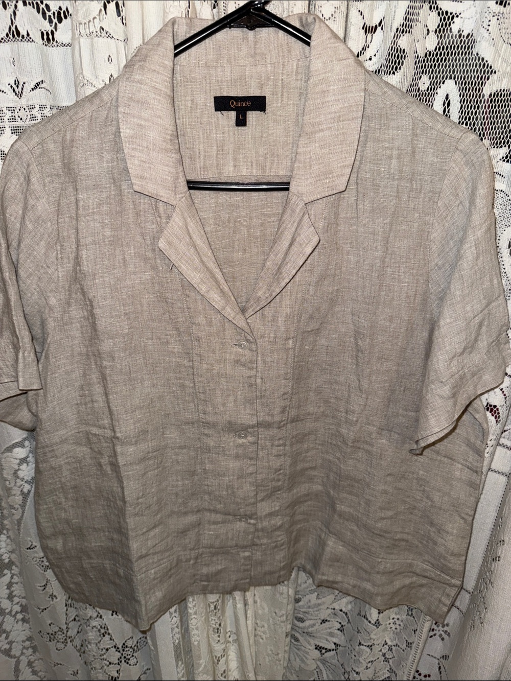 Quince Relaxed Linen Short-Sleeve Button-Down Top - Taupe - Picture 3 of 7